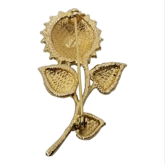 ROMAN CO. VINTAGE GOLDTONE FLOWER BROOCH WITH ORANGE & WHITE RHINESTONES - Picture 4 of 4